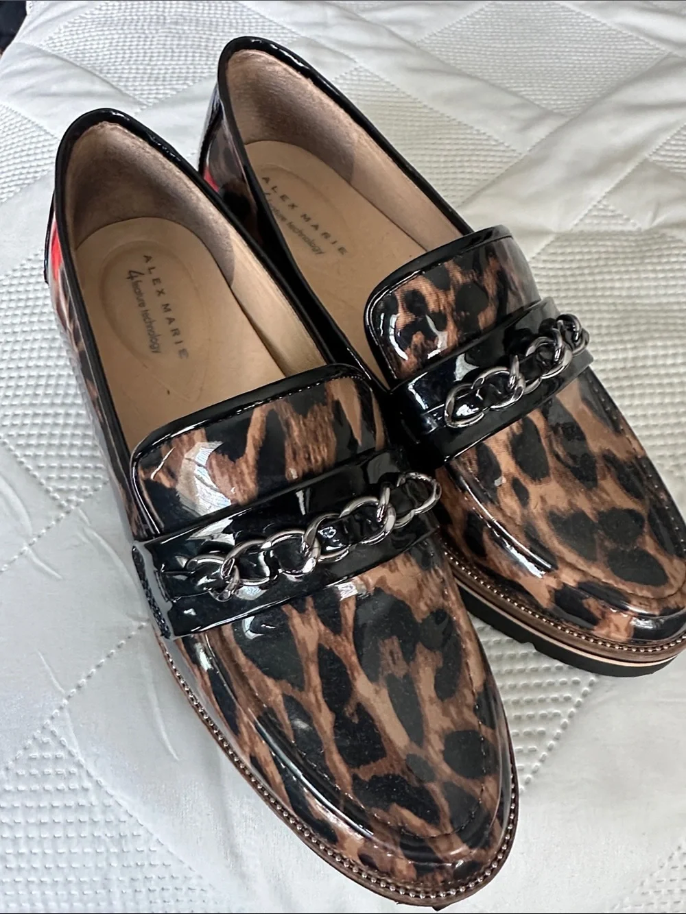 Alex Marie Leopard Patent Loafers with Silver Chain Detail
